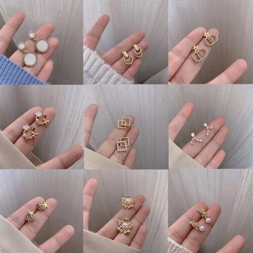 Square Golden Rhinestone Stud Earrings Flower Inlaid Earrings Round Pearl Ear Studs Women Earrings Girl Gifts For Friends