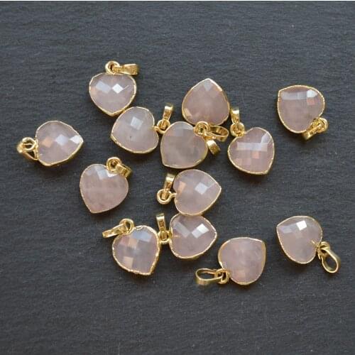 Nature rose crystal pink quartz facted heart shape pendant with gold electroplated edges for jewelry making