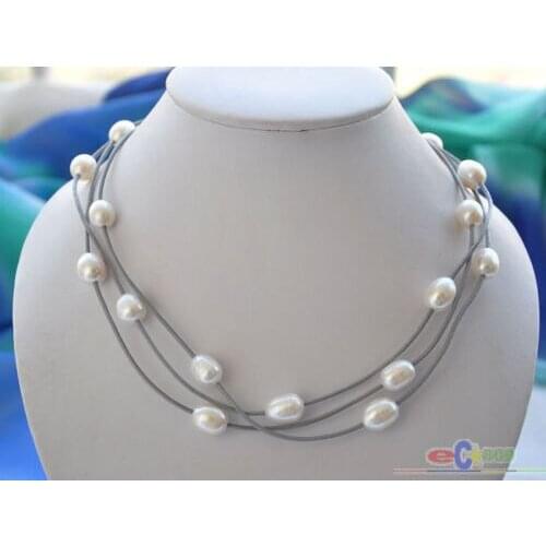 Wholesale 3row 18" 14mm white rice pearl gray leather necklace