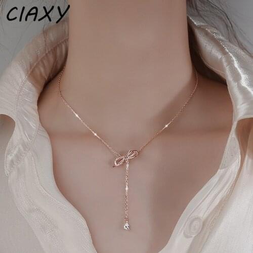 CIAXY 925 Sterling Silver Inlaid Zircon Bowknot Tassel Necklaces for Women Sexy Clavicle Chain Choker Party Jewelry Gift
