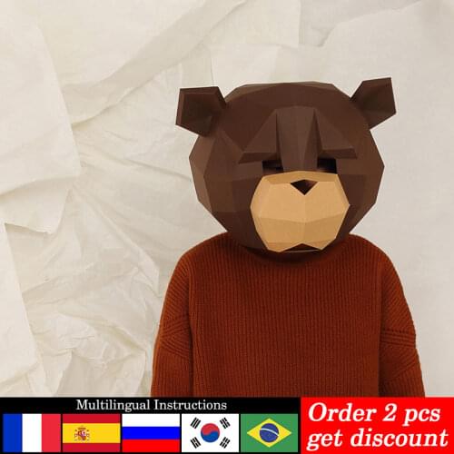 Pre-cut Teddy Bear Animal Adult Head Mask Paper Model Ornaments,3D Low poly Papercraft,Party Cosplay Prop,DIY Origami Toy RTY002