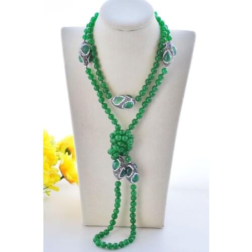 S2463 56" 36mm Jasper Shuttle CZ Green Round Jade Bead Necklace