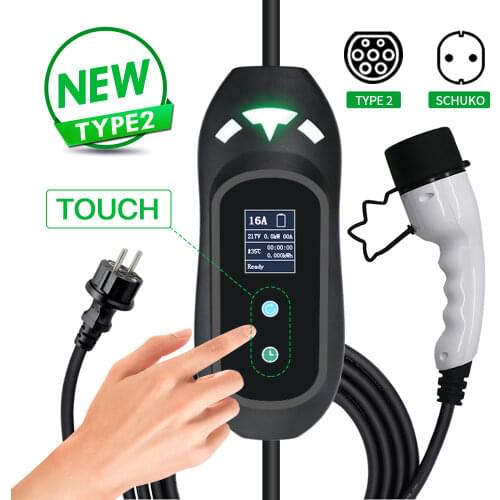 Touch Display Screen Electric Portable Car Charger Type2 Type1 Use for Electric Car Charging 220V 16A 3.6kw 5m Cable Schuko Plug