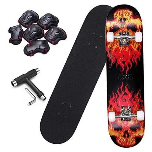 Skateboard 31"X8", 7-Layer Imported Maple Skateboard Double Rocker Type ABEC-7 Bearings, with Protective Gear and T Tools