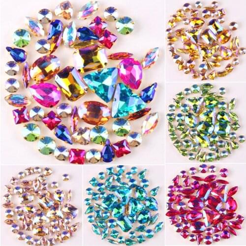 Gold claw setting 50pcs/bag 11 shapes mix AB colors glass crystal sew on rhinestone Crystals wedding dress shoes bags diy trim