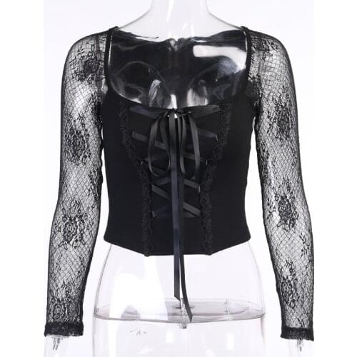 Goth Vintage Elegant Black Lace Up Gothic Top Sexy Mesh See Through Long Sleeve Women Autumn Hollow Out Bodycon Basic Top Goth