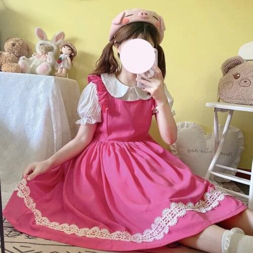College Style Lolita Sweet Girly Dress Summer Soft girl Lace Ruffle Pink Sling JSK Dresses Everyday Lolita Kawaii Dress Vestidos