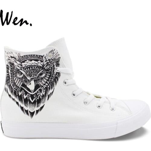 Wen Original White Shoes Owl Head Hand Painted Design Men Womens High Top Canvas Shoes Laced Sneakers for Girls Boys