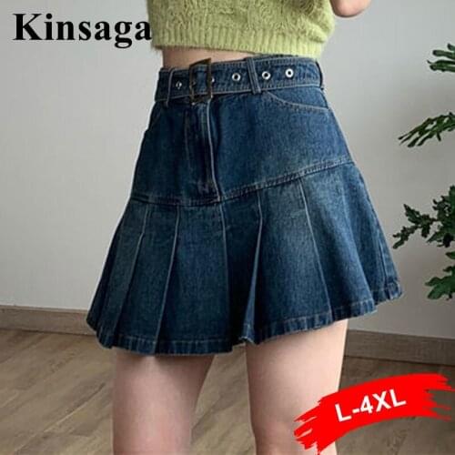 Plus Size Y2K Goth Extreme Sexy Mini Micro Denim Skirt 4XL Summer Gothic Sashes Pleated Jeans Punk Skirts with Belt 90s Girls