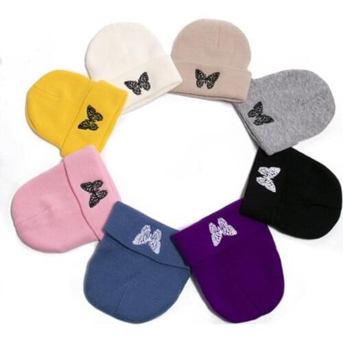 Women Men Autumn Knitted Beanie Hat Cartoon Butterfly Embroidered Solid Color Harajuku Hip Hop Warm Cuffed Skull Cap