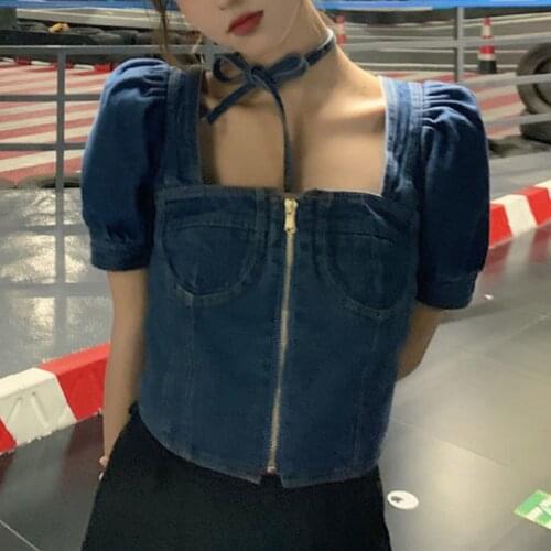 Deeptown Denim Shirt Women Puff Sleeve Blouse Korean Style Zipper Corp Top 2021 Fashion Short Sleeve Oversized Streetwear Tops