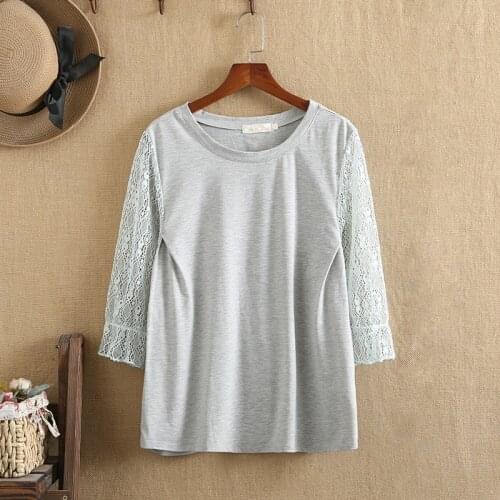 Plus Size Shirt For Women O-Neck Lace Sleeve Stitching Cotton Elastic Long Sleeve Shirt Three-Dimensional Pleat Of Bust T-Shirt