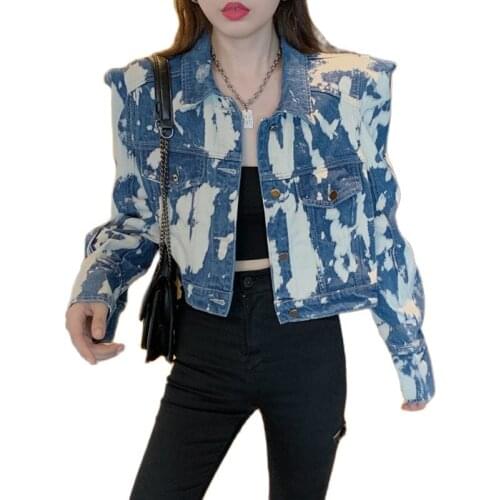 2021 Fall Fashion Female Tie-Dye Print Design Outerwear Long Sleeve Denim Cardigan Jacket Shoulder Pads Casual Short Jeans Coat