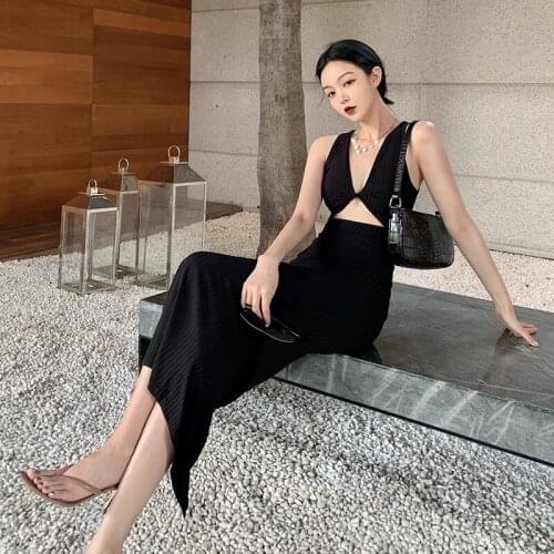 Fashion Streetwear Outfits Sundress Y2K Backless Knitting Casual Clothes Sleeveless Hollow Out Slit Sexy Maxi Dress Summer Women