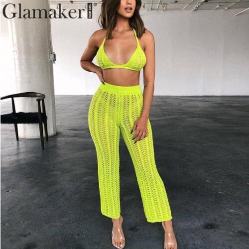 Glamaker Crochet 2 piece suit jumpsuit Female sleeveless crop top long overalls Club transparent bodycon autumn backlessjumpsuit