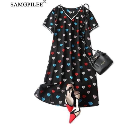 Summer Women Dress 2021 New V-neck Peach Heart Pattern Thin Korean Style Knee Length Short-sleeved Chiffon Dresses Plus Size 4XL