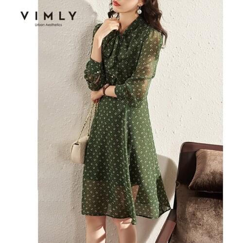 VIMLY Chiffon Floral Dress 2021 Autumn Long Sleeve Lace Up Temperament A-line Midi Dresses Female Elegant Vestido Rebo F8776