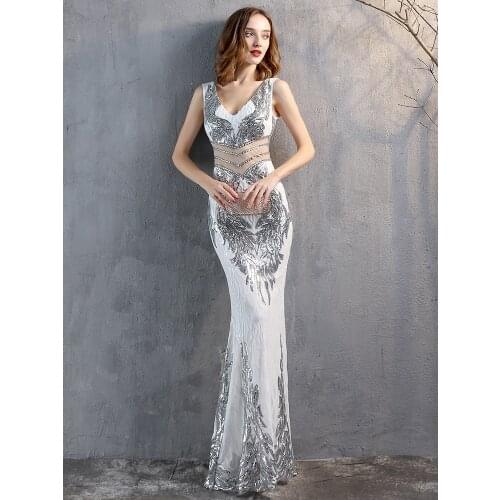 YIDINGZS New 2021 Sequins Evening Dress Women See-through Beads Long Party Dreess