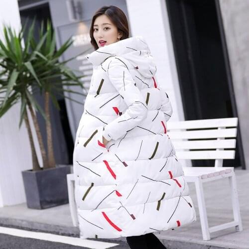 Winter New Womens Cotton Lengthened Thickened Version Slim Down Cotton Padded Jacket Printing Cold Proof Parka