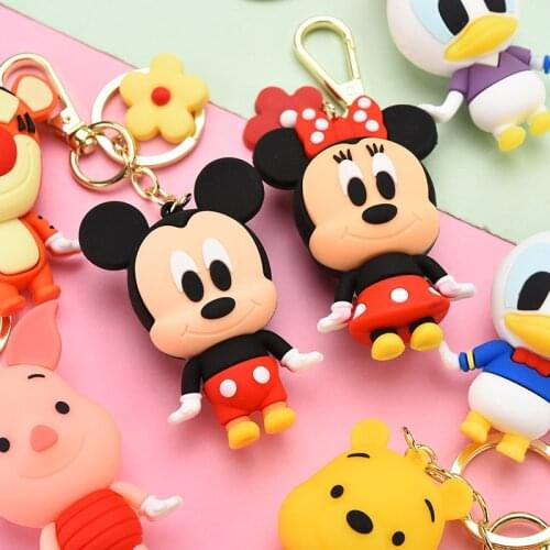 14cm Original Disney Key Chain Creative Cute Stitch Doll Mickey Donald Duck Pooh Flexible Rubber Key Chain Handbag Pendant Gift