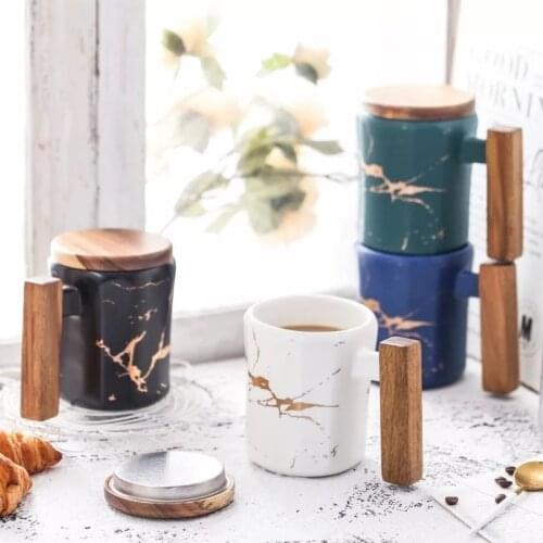 370ml Marble with Gold Inlay Ceramic Coffee Mugs with Wood Lid and Wood Handle Matte Finish Office Drinking Milk Mugs Cups Gifts