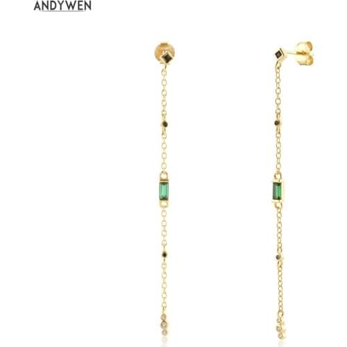 ANDYWEN 925 Sterling Silver Gold Green CZ Zircon Long Chain Drop Earring Piercing Luxury Gift Clips Crystal Jewelry Pendiente