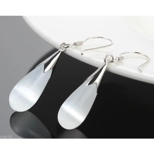 Hot sell Noble- hot sell new -Natural stone Pair White Cat Eye Stone 925 Sterling Silver Hook Teardrop Dangle Earrings