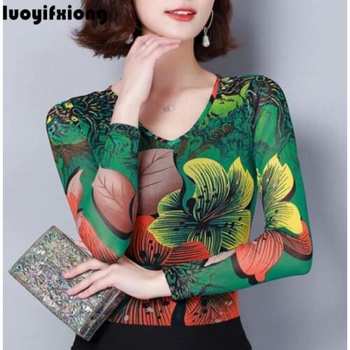 2021 New Womens Tops and Blouses Elasticity Long Sleeve Floral Print Lace Blouse Women V-neck Slim Plus Size Shirt Blusas Mujer