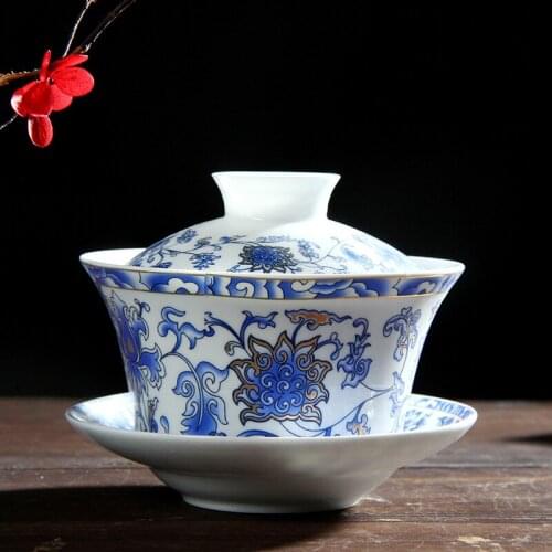 Large Blue and White Porcelain Gaiwan 250ml Ceramic Cover Bowl Jingdezhen Sancai Bowl Respect Tea Bowl Chinese Tea Set