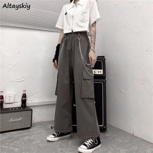 Pants Woman Cargo Streetwear Chic Korean Style Loose Elastic Waist Trendy Leisure Teens Cool Normcore Solid Summer All-match
