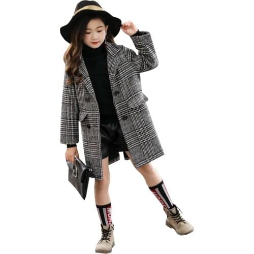 Kids girl overcoat Winter new fashion Houndstooth wool coat for girls Teens autumn jacket warm long outerwear Children Windproof