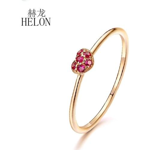 HELON Natural Ruby Ring Solid 14k Yellow Gold Round Genuine Natural Ruby Women Engagement Ring Girl Party Fine Wedding Band Thin