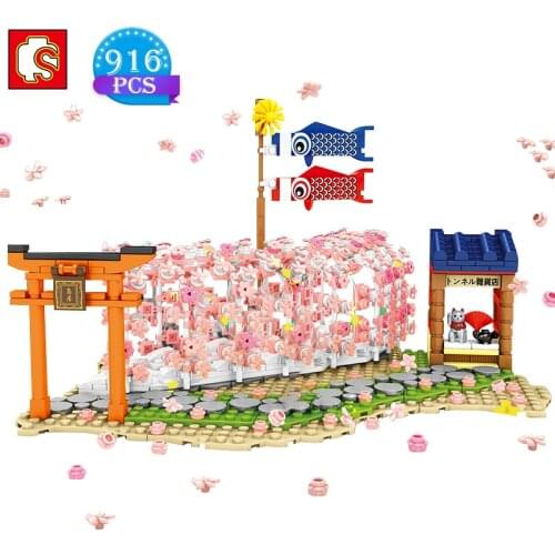 SEMBO Japanese Street View Building Blocks Cherry Blossom Tunnel Model Bricks DIY Childrens Educational Toys Girl Birthday Gift
