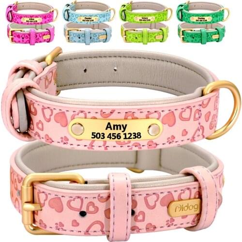 Leather Dog Collar Padded Pet Collar For French Bulldog Personalized Dog ID Tag Nameplate Collars Customied Free Engraved
