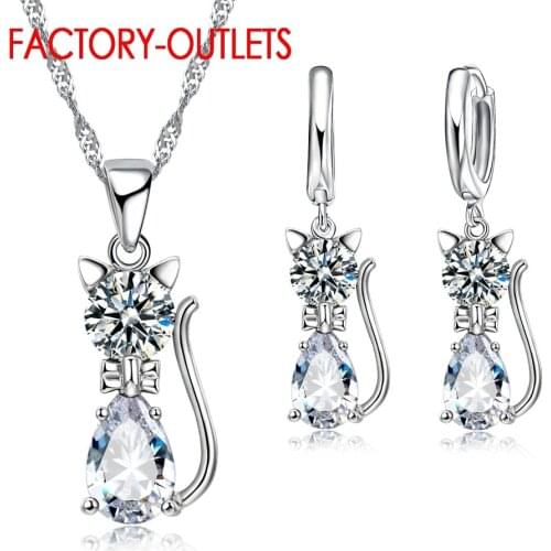 925 Sterling Silver Bridal Jewelry Sets Cute Cat Shape Austrian Cubic Zirconia Women Girls Engagement Anniversary Wholesale
