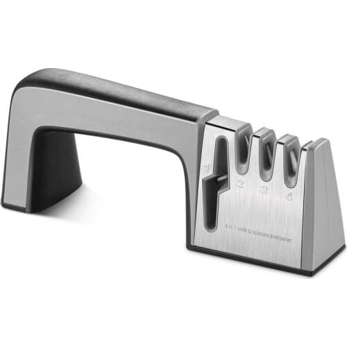 Knife and Scissor Sharpener, Kitchen knife sharpener 4-in-1 Manual System 3 Stage Knife Sharpening Tool with Non-slip Base and E