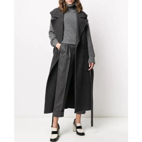 Woolen Waistcoat For Women Big Turn-down Collar Deep Gray Winter Coat 2020 New X-long Brief Side Split Wool Vest Sleeveless Coat