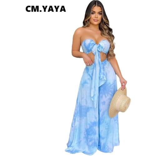CM.YAYA Tie Dye Print Womens Two 2 Piece Tracksuit Beach Bohemian Crop Tops and Straight Pants Matching Set Sexy Sweatsuit