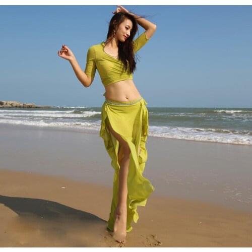 Belly Dance Practice Clothes New Summer Color Blocking Cotton Training Outfits Top Skirt Indian Oriental Dancing Perforamnce Set