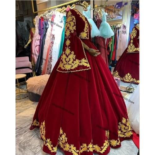 Kosovo Albanian Caftan Evening Dresses 2021 burgundy Velvet Long Sleeve gold Applique Robe De Soirée Prom Dress Vestidos De