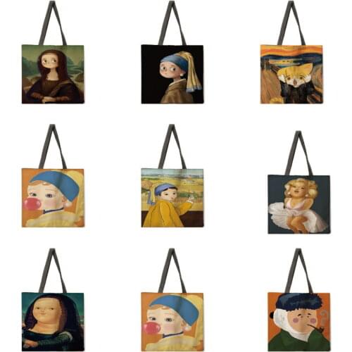 Outdoor shopping bag Q version of famous painting printing handbag ladies leisure handbag shoulder bag fashion beach bag