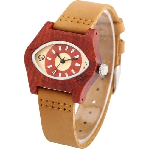 Women Wooden Wristwatch Ladies Quartz Watches Special Red Sandalwood Eye Shape Dial Female Leather Wood Watch Relogio Feminino