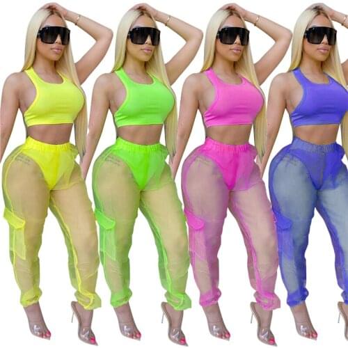 2020 Women Mesh Perspective Tracksuit Sporty Fitness Two Piece Set Vest Crop Top+ Pockets Sheer Mesh Overalls Pants Home Suit