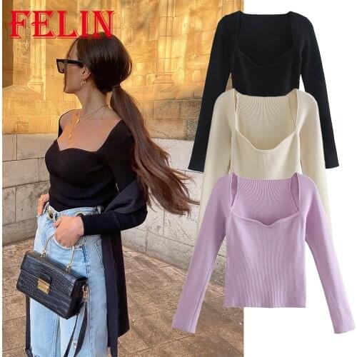 Za Womens Knitted Square Collar Sexy Sweaters Fashion 2021 Solid Slim Pullovers Female Long Sleeve Streetwear Mujer Tops