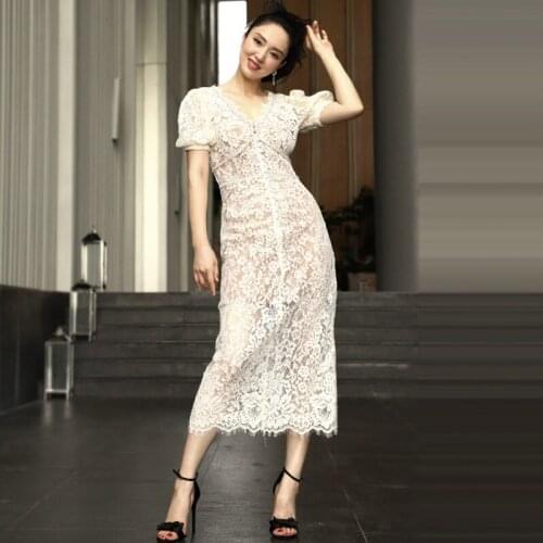 Sexy Lace V-Neck Women Summer Puff Sleeve Slim Wrap Evening Dress Female Brand High Version Elegant Dress Ladies Dresses ML155