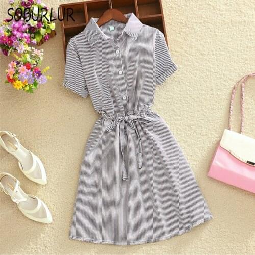 Women Shirt Dress Office Lady Summer Short Sleeve Dress High Waist Korean Knee-Length Dress Turndown Collar A-Line Skirt Female