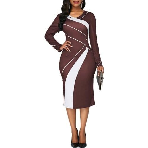Plus Size Elegant Dress Women Striped Color Blocks V Neck Long Sleeve Knee Length Sheath Dress V-Neck Long Sleeve Dress