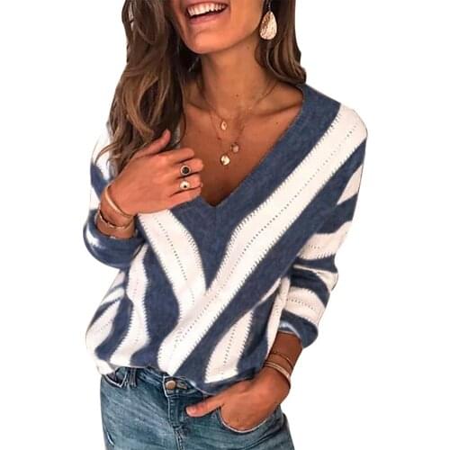 2019 Basic Deep V Striped Solid Autumn Winter Sweater Women Female Knitted Long Sleeve Badycon Sweater High Quality Pullover