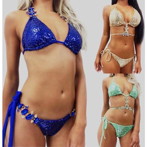 2019 Bikini Set Sexy Swimwear Women Sequins Diamond Push Up Paded Bikinis Solid Swimsuit Swimming Suit For Women Beachwear