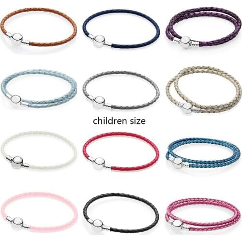 2019 NEW Fashion 925 Sterling Silver Multicolor Mixed Powder Blue Children Double-Leather Bracelet Fit DIY Original Charm Bead